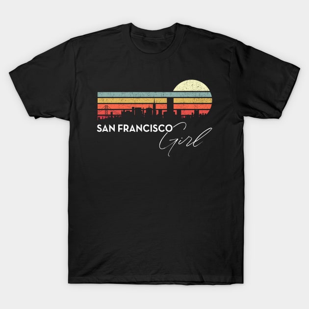 San Francisco Girl Retro Sunset City Skyline Souvenir T-Shirt by grendelfly73